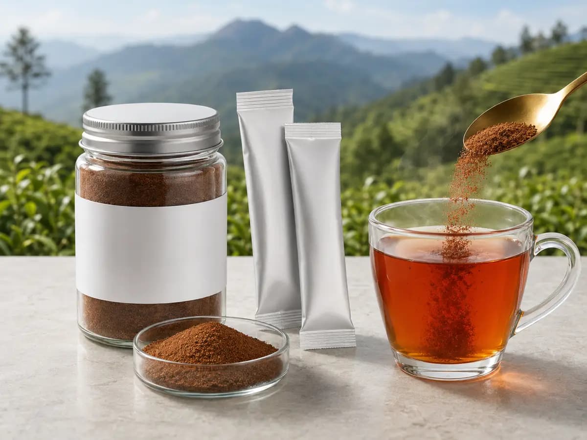 Instant black tea powder in bulk jar and single-serve sachets