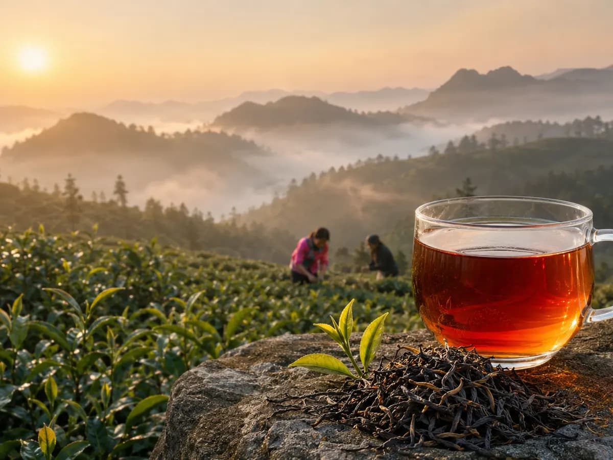 Amber Xiangxi black tea overlooking mountain tea gardens in Hunan